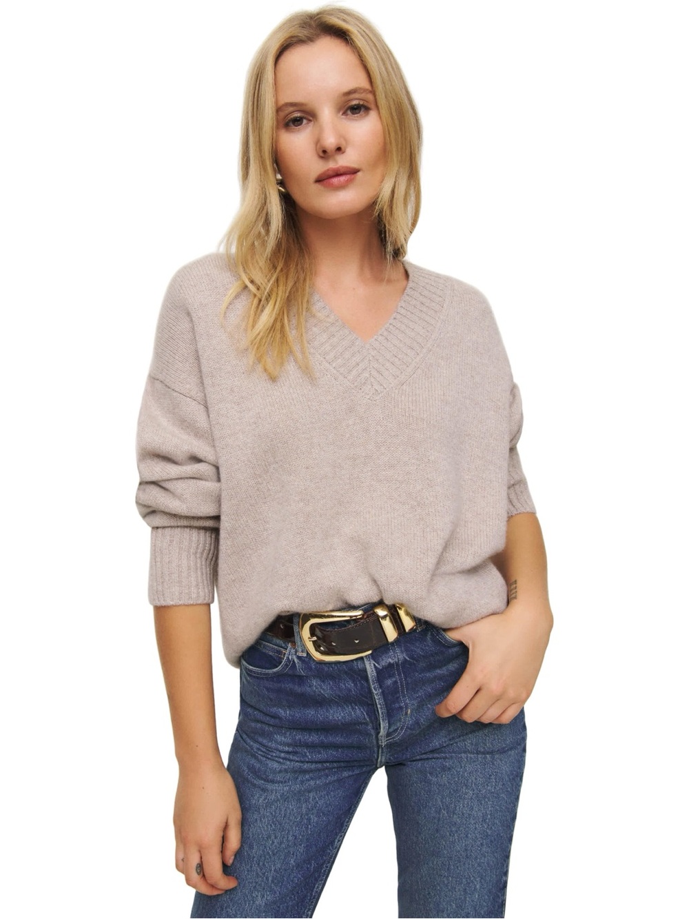 Reformation Jadey Oversized Relaxed Cashmere V-Neck Sweater in Natural (brown)